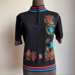 Vintage sz S retro embroidered beaded floral top